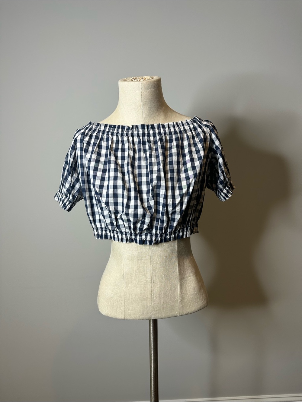L'Academie Navy and White Gingham Off-Shoulder Crop Top
